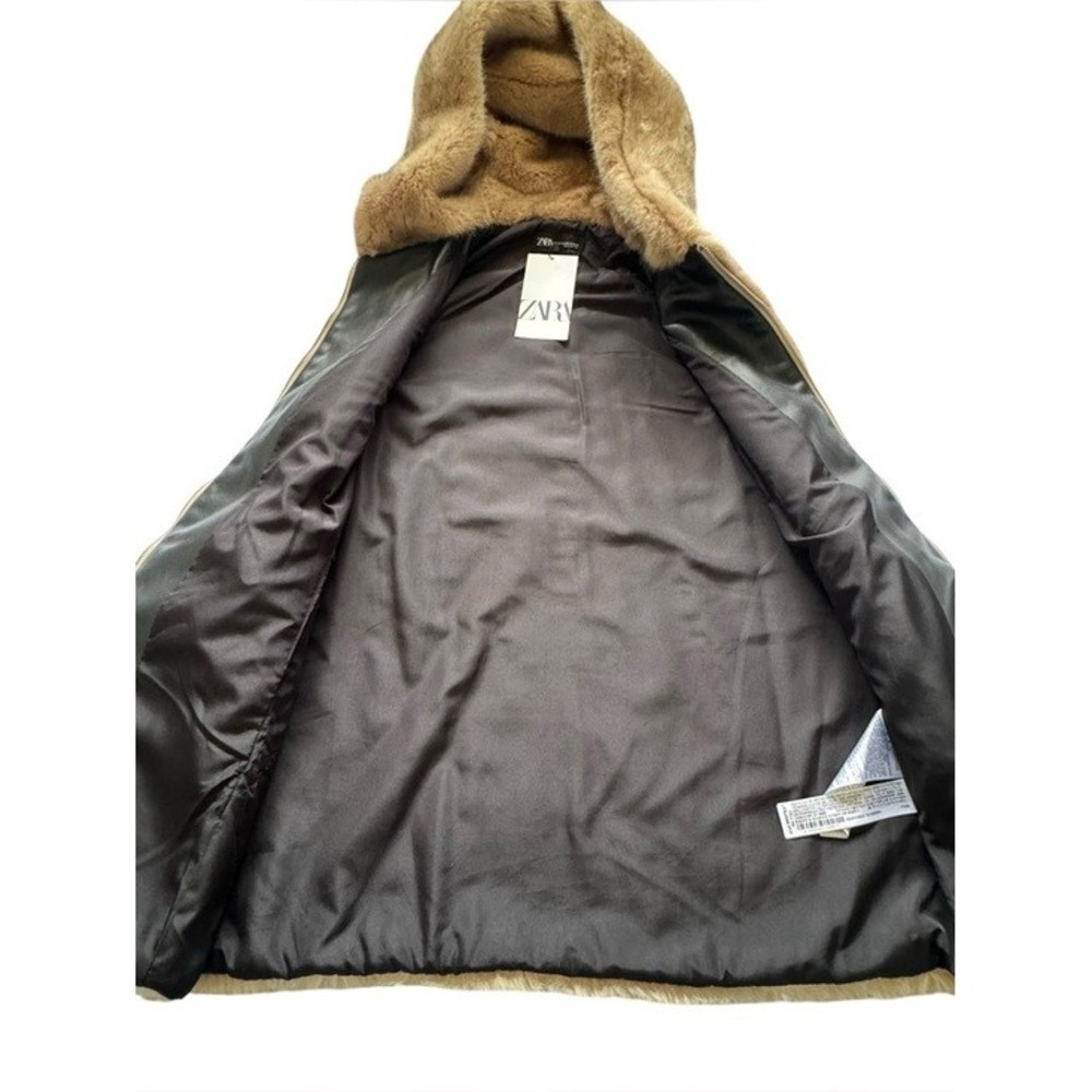 Zara Light Brown Tan Hooded Faux Fur Teddy Vest Zip up Pocket Size Medium - Picture 7 of 12